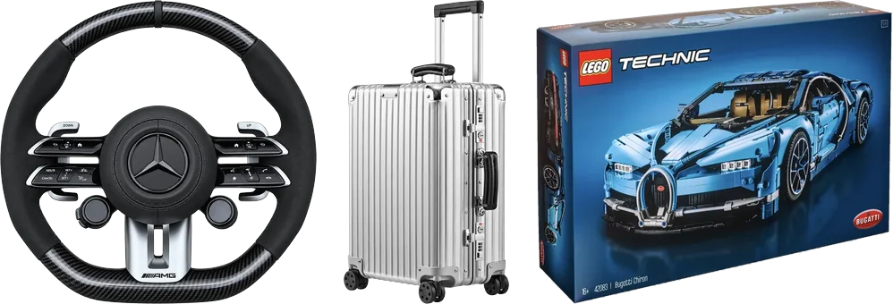 Volante, valigia in alluminio e set LEGO Technic